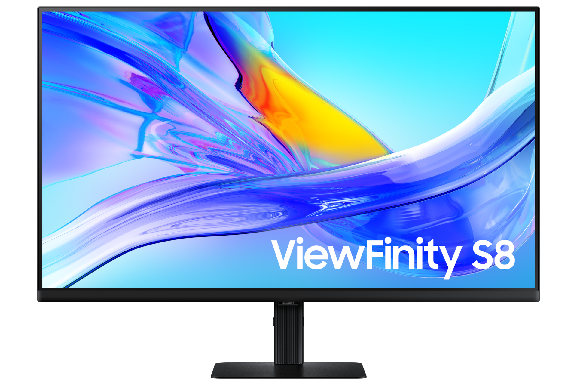 32吋 Samsung ViewFinity S80UD 顯示器正面，螢幕顯示藍色波浪桌布。