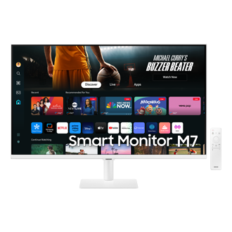 白色 32吋 Samsung 智慧聯網螢幕 M70D 顯示器正面和遙控器，螢幕顯示 Smart TV 智慧電視功能。