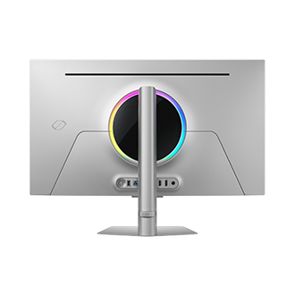 32吋 Odyssey OLED G8 平面電競顯示器 G81SF 背面，中央的圓圈顯示一系列色彩光效。