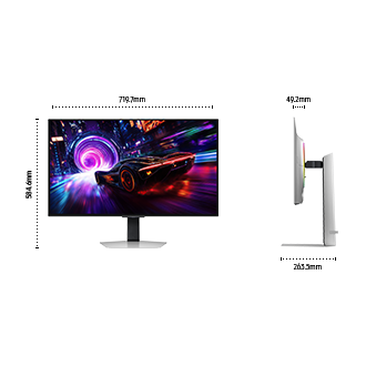 32吋 Odyssey OLED G8 平面電競顯示器 G81SF 含金屬質感底座的尺寸 (719.7 x 584.6 x 263.5 mm)，不含底座時螢幕的厚度為 49.2 mm。螢幕顯示一輛賽車正在駛向紫色隧道。