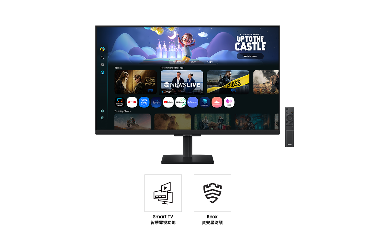 32吋 Samsung Smart Monitor M5 正面，螢幕顯示排列各種內容和應用程式的 Smart TV 智慧電視功能畫面，旁邊有一部遙控器。圖示分別代表Smart TV 智慧電視功能和 Knox 資安星防護。