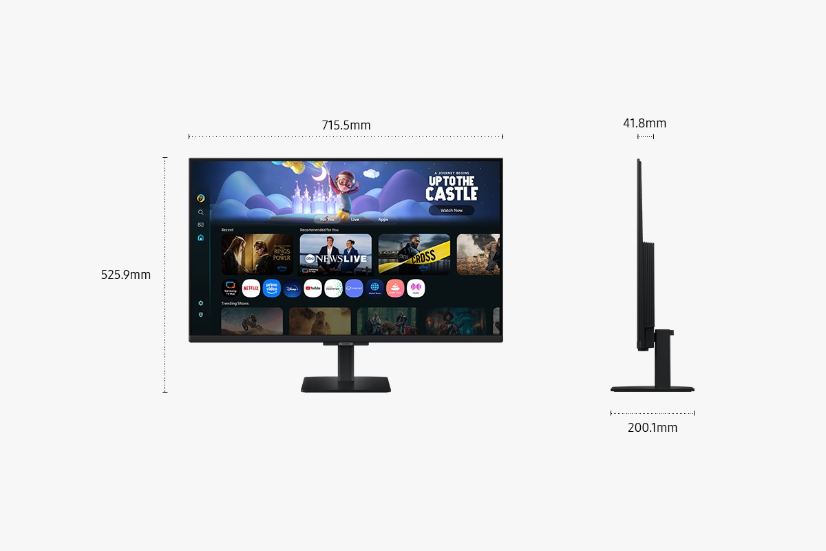 32吋 Samsung Smart Monitor M5 含底座的尺寸 (715.5 x 525.9 x 200.1 mm)，不含底座時螢幕的厚度為 41.8 mm。螢幕顯示各種內容。