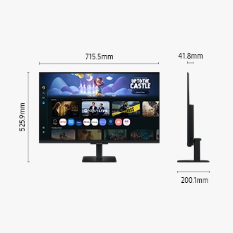 32吋 Samsung Smart Monitor M5 含底座的尺寸 (715.5 x 525.9 x 200.1 mm)，不含底座時螢幕的厚度為 41.8 mm。螢幕顯示各種內容。