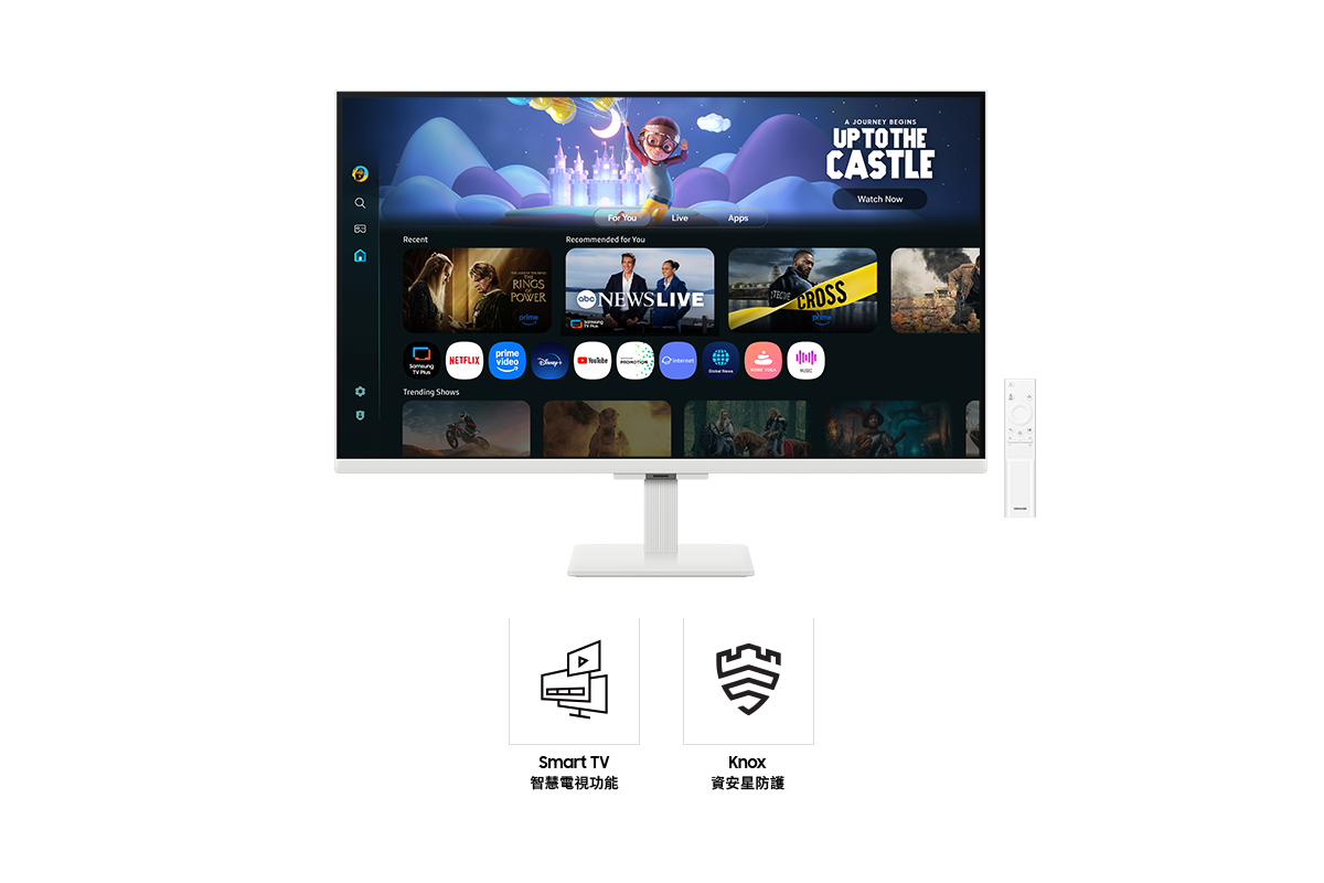 32吋 Samsung Smart Monitor M5 正面，螢幕顯示排列各種內容和應用程式的 Smart TV 智慧電視功能畫面，旁邊有一部遙控器。圖示分別代表Smart TV 智慧電視功能和 Knox 資安星防護。