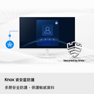 Knox 資安星防護。多層安全防護，保護敏感資料。SmartThings 連結至顯示器，顯示器顯示安全登入畫面。Secured by Knox 標誌。
