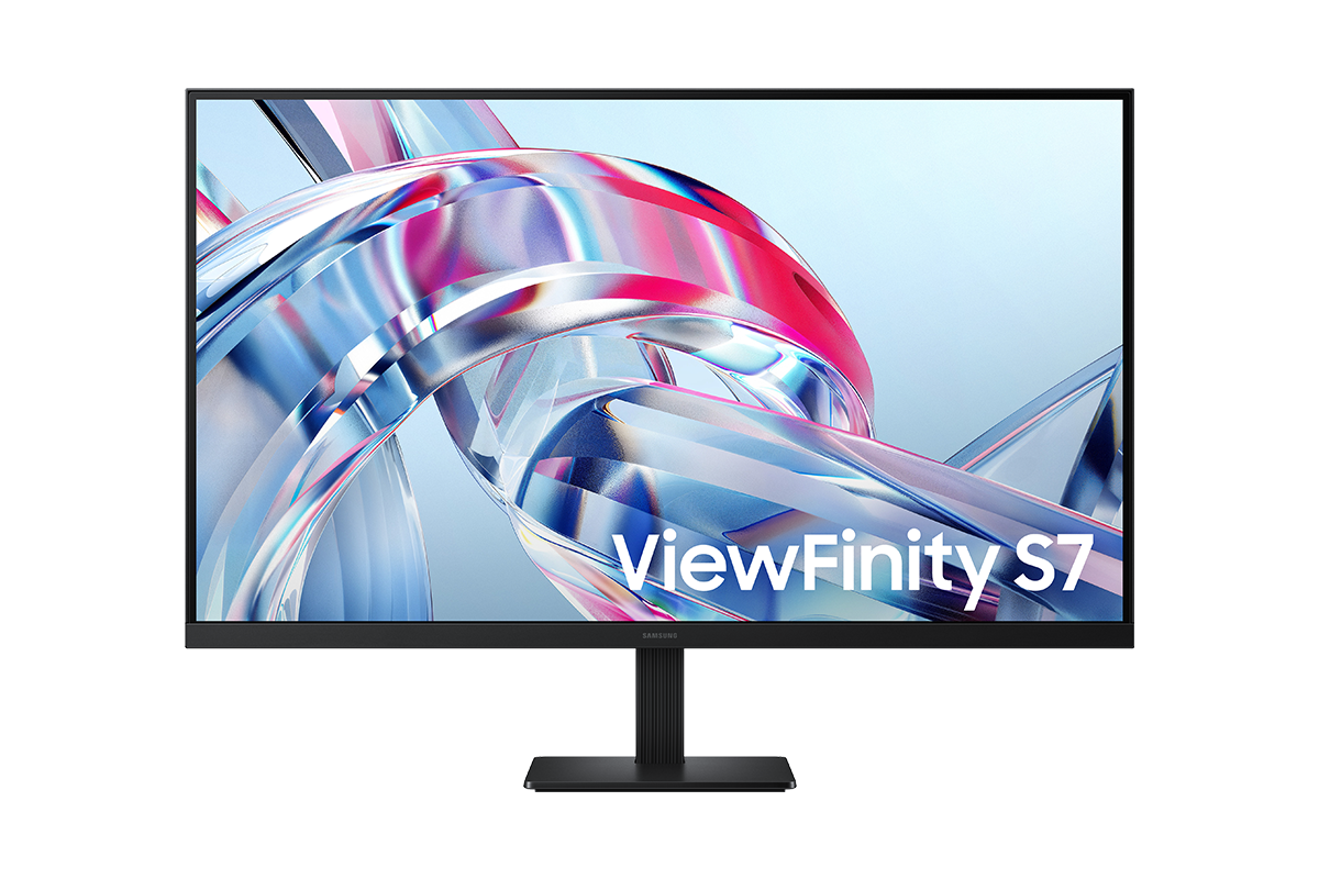 32吋 Samsung ViewFinity S7 S70H 正面，螢幕顯示一系列明亮的色彩。
