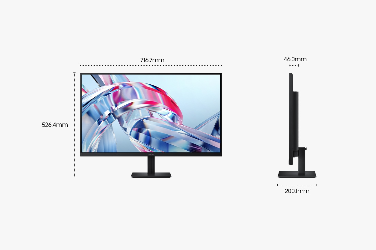 32吋 Samsung ViewFinity S7 S70H 含底座的尺寸：716.7 x 526.4 x 200.1 mm，不含底座的螢幕厚度為 46.0 mm。螢幕顯示一系列明亮的色彩。