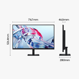 32吋 Samsung ViewFinity S7 S70H 含底座的尺寸：716.7 x 526.4 x 200.1 mm，不含底座的螢幕厚度為 46.0 mm。螢幕顯示一系列明亮的色彩。