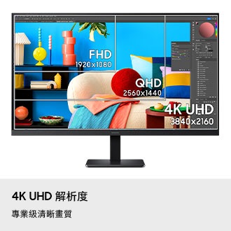 4K UHD 解析度。專業級清晰畫質。一部開啟了相片編輯工具的顯示器，螢幕上顯示三個大小不同的方塊：FHD (1920×1080)、QHD (2560×1440) 與 4K UHD (3840×2160)。