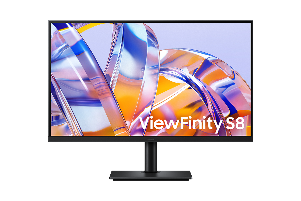 32吋 Samsung ViewFinity S8 S80UH 正面，螢幕顯示一系列明亮的色彩。