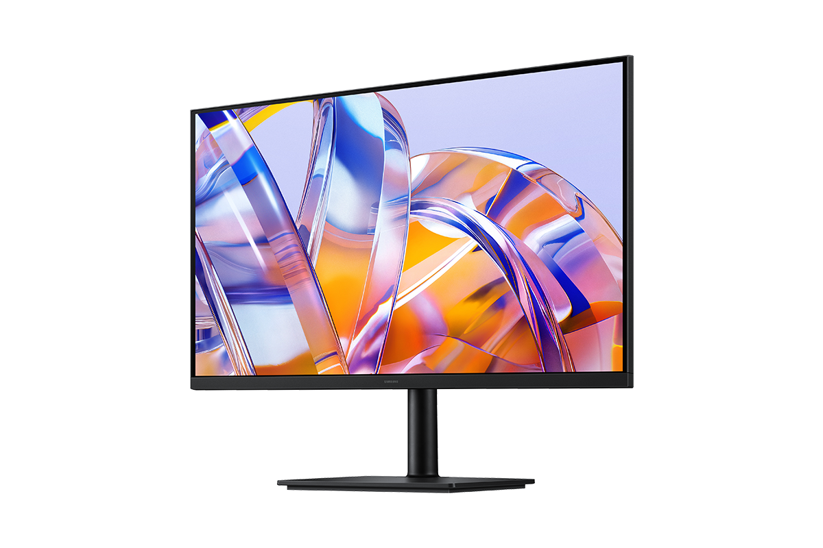 32吋 Samsung ViewFinity S8 S80UH 的右前方視角，螢幕顯示一系列明亮的色彩。