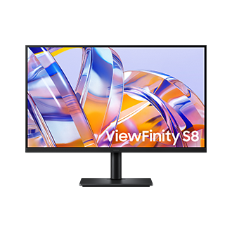 32吋 Samsung ViewFinity S8 S80UH 正面，螢幕顯示一系列明亮的色彩。