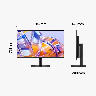 32吋 Samsung ViewFinity S8 S80UH 含底座的尺寸：716.7 x 613.1 x 240.0 mm，不含底座的螢幕厚度為 46.0 mm。螢幕顯示一系列明亮的色彩。