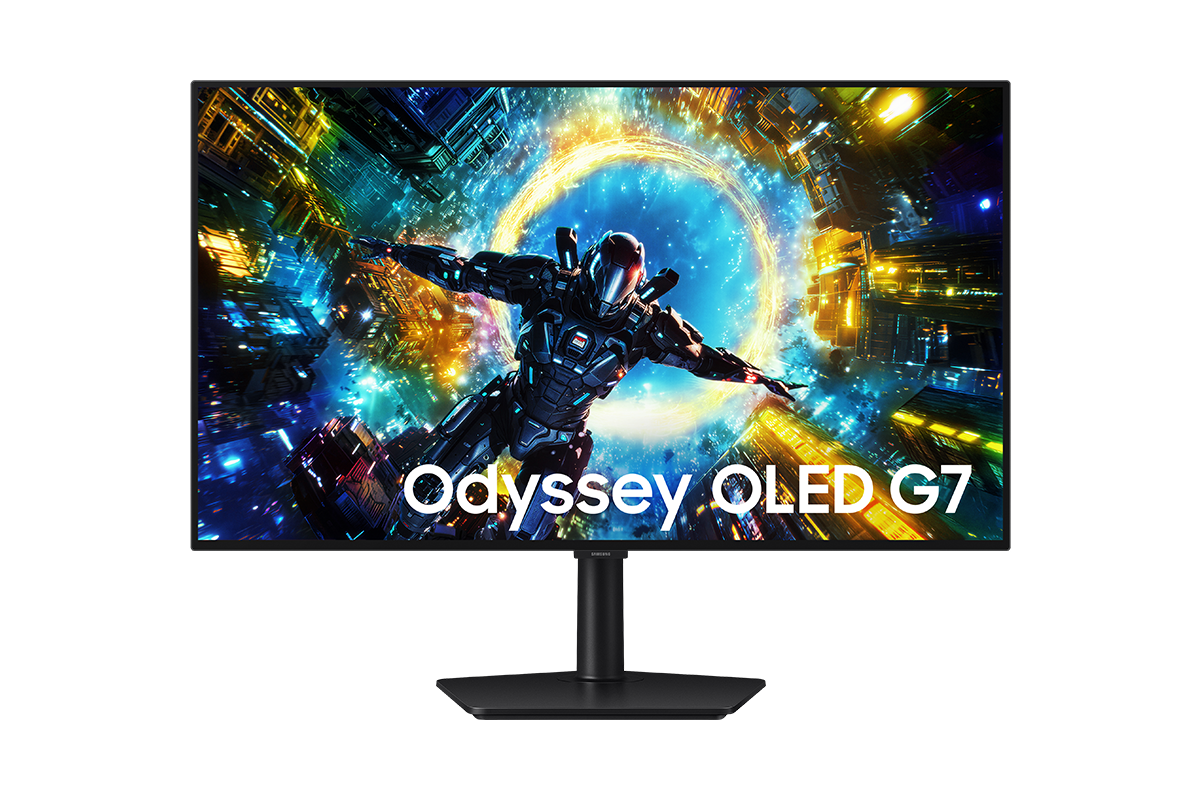 Samsung Odyssey OLED G7 正面，螢幕顯示一名角色正墜入傳送門中。