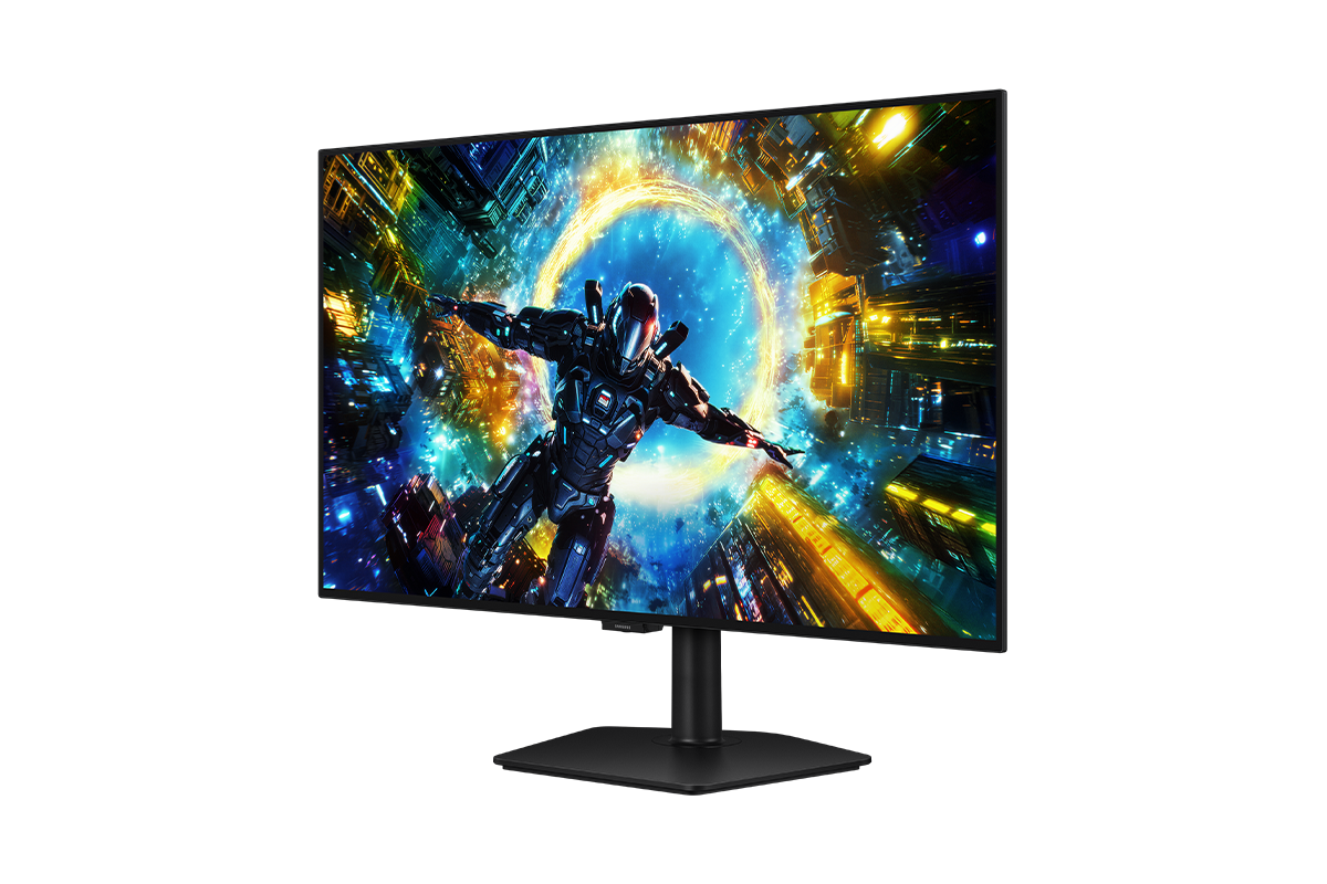 Samsung Odyssey OLED G7 的右前方視角，螢幕顯示一名角色正墜入傳送門中。