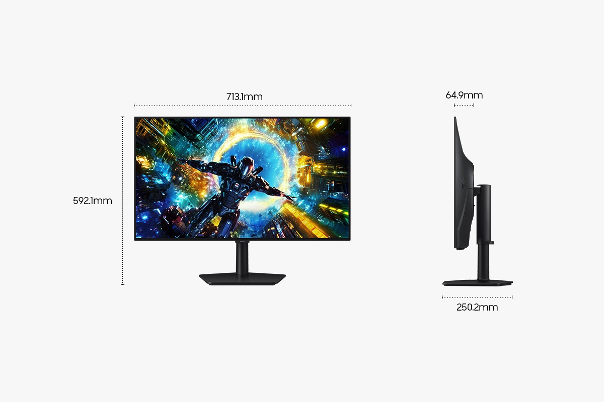 Samsung Odyssey OLED G7 含底座的尺寸：713.1 x 592.1 x 250.2 mm ，不含底座的螢幕厚度為 64.9 mm。