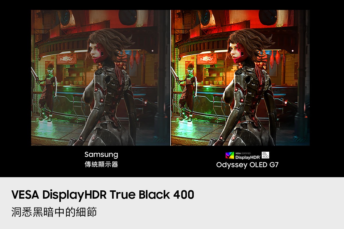 VESA DisplayHDR True Black 400。洞悉黑暗中的細節。與 Samsung 傳統顯示器相比，通過 VESA DisplayHDR True Black 400 認證的 Odyssey OLED G7 螢幕所呈現的影像更加清晰。