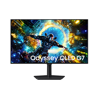 Samsung Odyssey OLED G7 正面，螢幕顯示一名角色正墜入傳送門中。