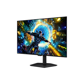 Samsung Odyssey OLED G7 的右前方視角，螢幕顯示一名角色正墜入傳送門中。