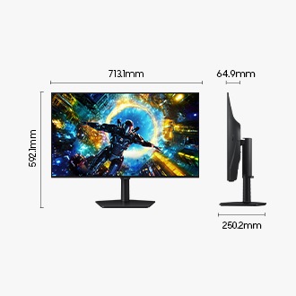 Samsung Odyssey OLED G7 含底座的尺寸：713.1 x 592.1 x 250.2 mm ，不含底座的螢幕厚度為 64.9 mm。