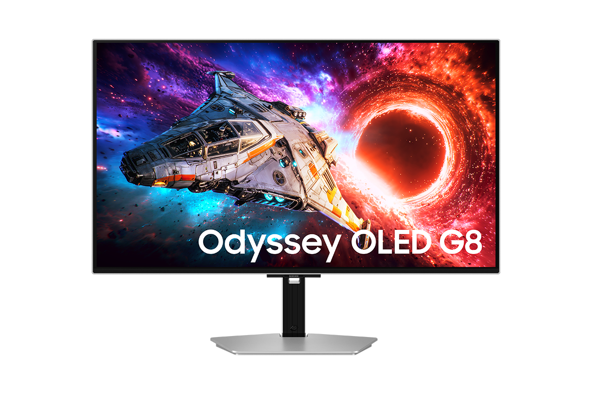 32吋  Samsung Odyssey OLED G8 正面，螢幕顯示一艘飛出傳送門的太空船。