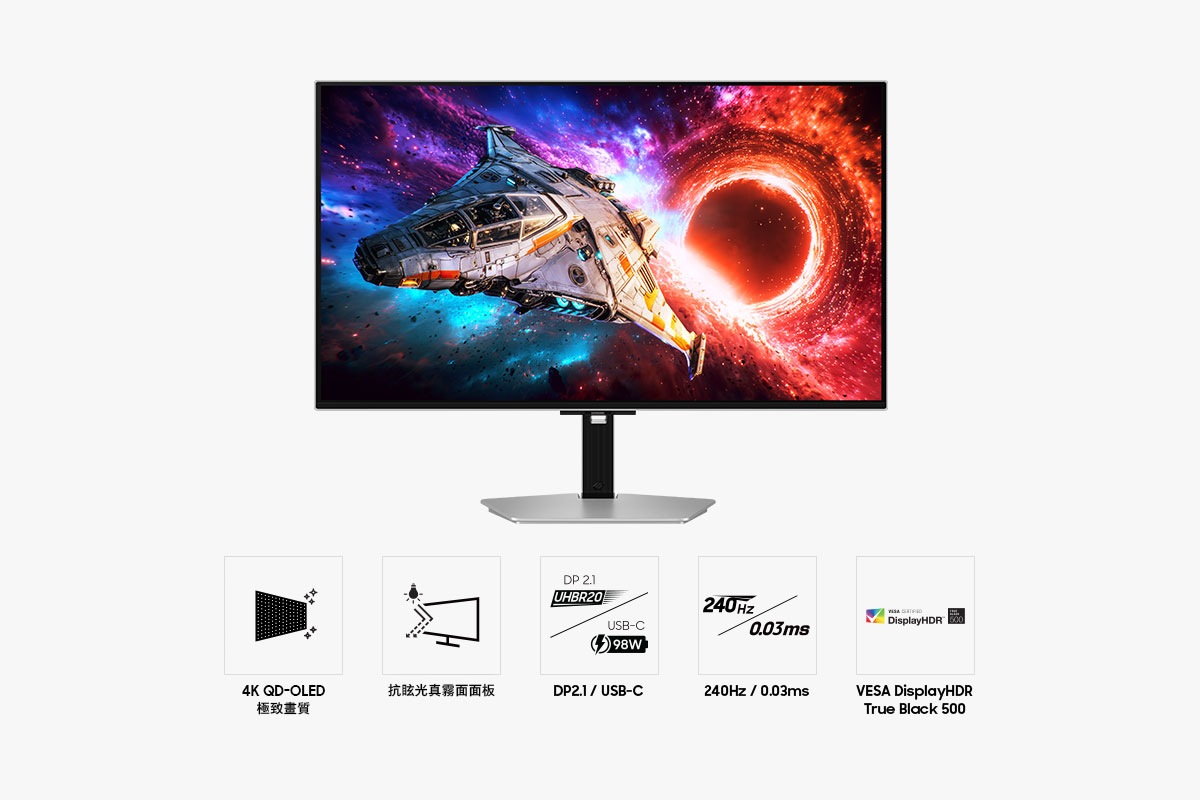 32吋 Samsung Odyssey OLED G8 正面。五個圖示分別代表 4K QD-OLED 極致畫質、抗眩光真霧面面板、DP2.1/USB-C、240Hz 更新率及 0.03ms 反應時間及 VESA DisplayHDR True Black 500 功能。
