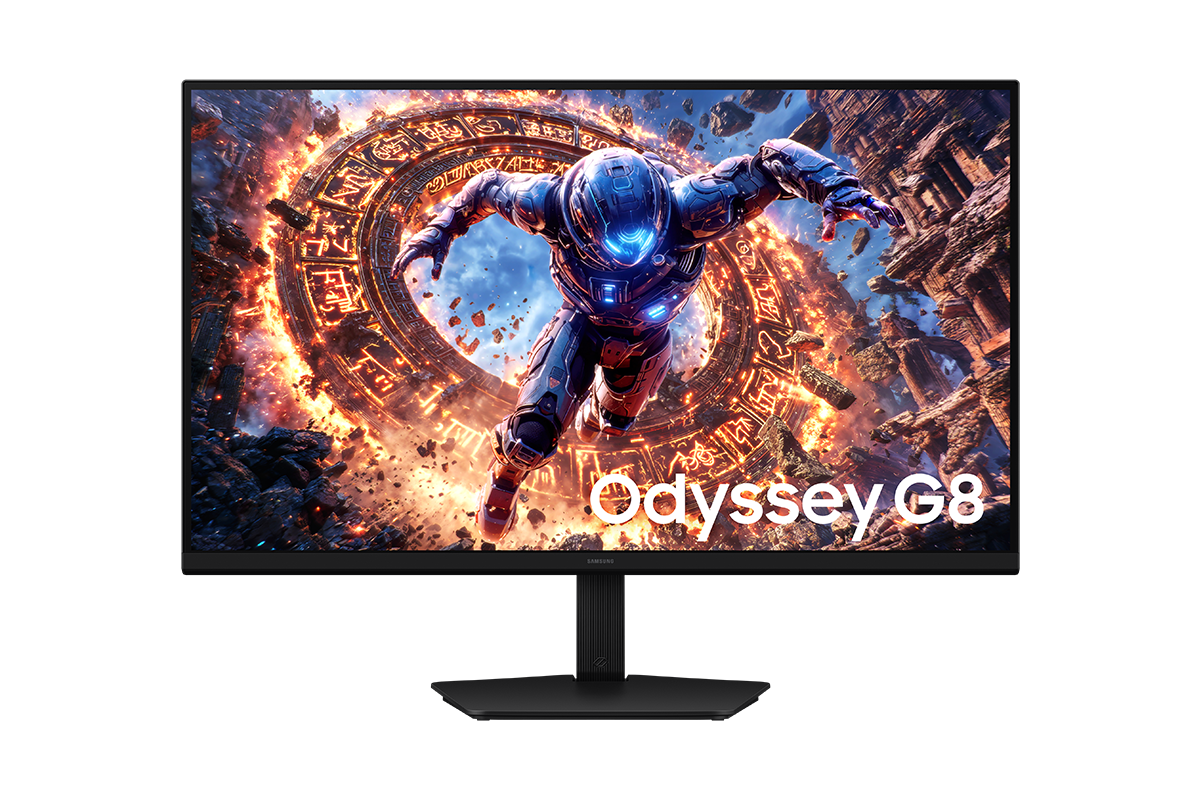Samsung Odyssey G8 正面，螢幕顯示一個角色正走出傳送門。