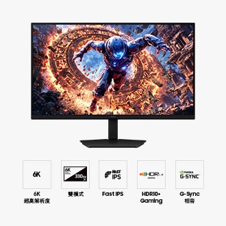 Samsung Odyssey G8 正面。五個圖示分別代表 6K 超高解析度、雙模式、Fast IPS、HDR10+ Gaming 及 G-Sync 相容功能。