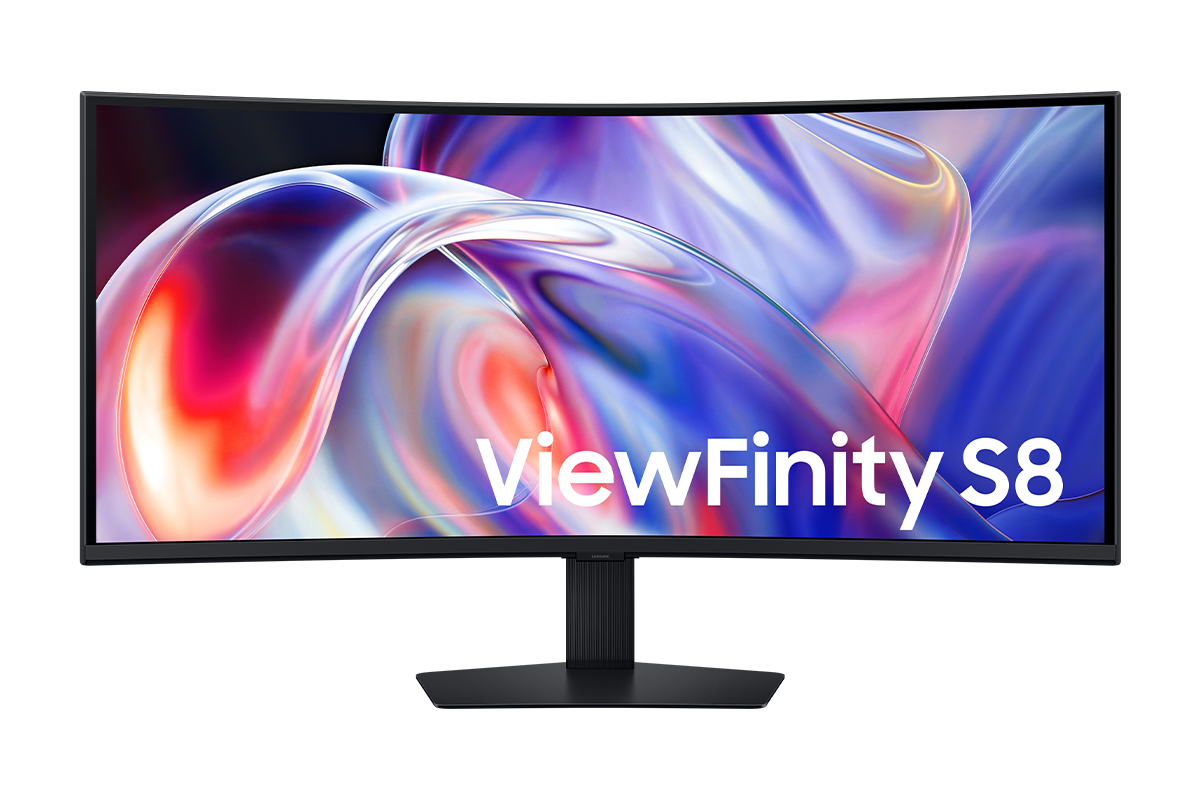 40吋 Samsung ViewFinity S8 S85TH 正面，螢幕顯示一系列明亮的色彩。