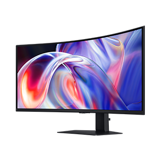 40吋 Samsung ViewFinity S8 S85TH 的右前方視角，螢幕顯示一系列明亮的色彩。