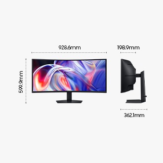 40吋 Samsung ViewFinity S8 S85TH 含底座的尺寸：928.6 x 599.9 x 362.1 mm，不含底座的螢幕厚度為 198.9 mm。螢幕顯示一系列明亮的色彩。