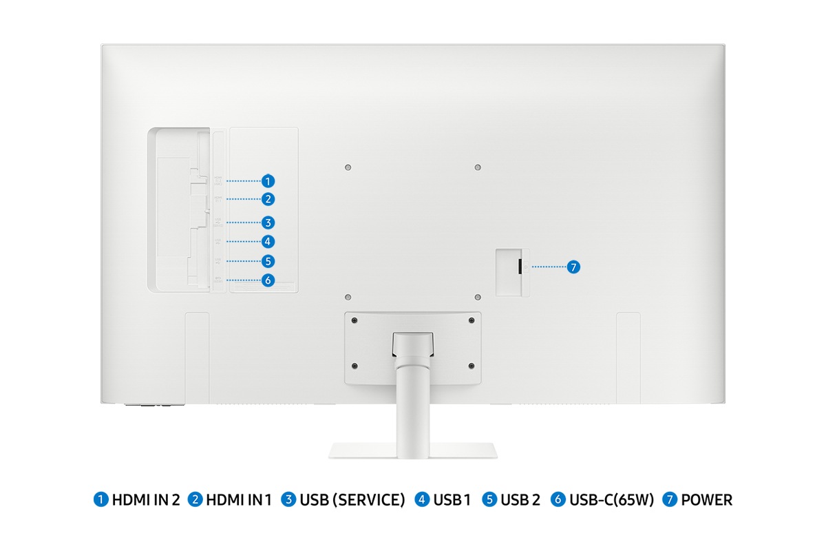白色 43吋 Samsung 智慧聯網螢幕 M70D 顯示器的連接埠包括 USB-C(65W)、USB (SERVICE)、兩組 USB、兩組 HDMI IN 及電源。