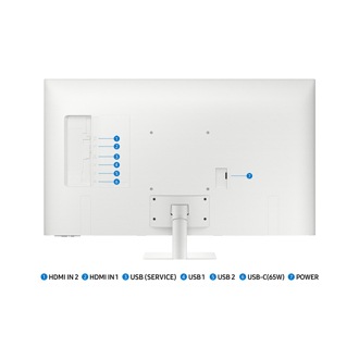 白色 43吋 Samsung 智慧聯網螢幕 M70D 顯示器的連接埠包括 USB-C(65W)、USB (SERVICE)、兩組 USB、兩組 HDMI IN 及電源。