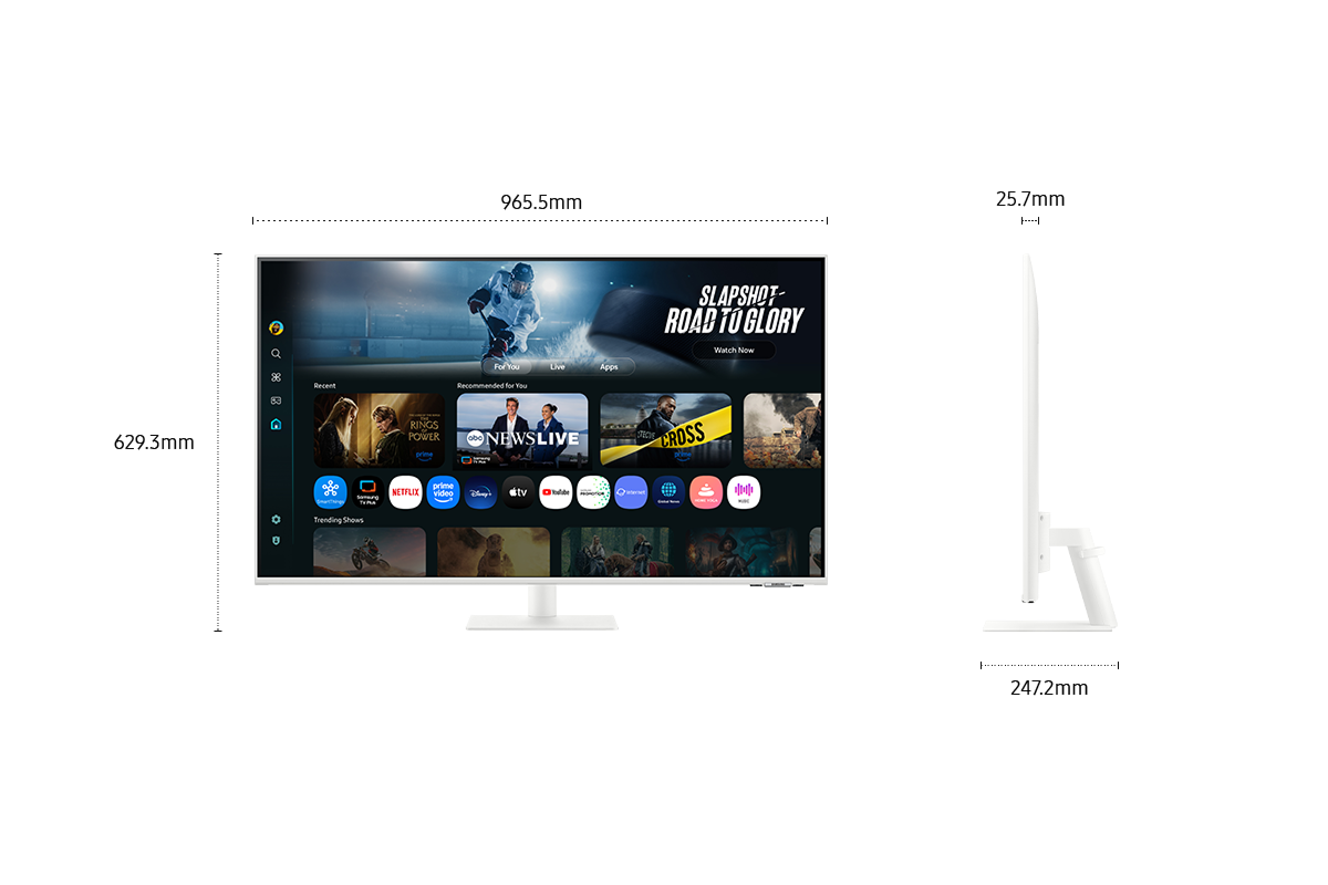 43吋 Samsung Smart Monitor M7 含底座的尺寸 (965.5 x 629.3 x 247.2 mm)，不含底座時螢幕的厚度為 25.7 mm。螢幕顯示各種內容。