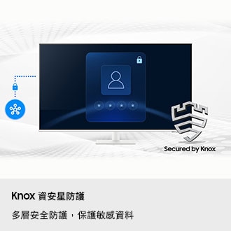Knox 資安星防護。多層安全防護，保護敏感資料。SmartThings 連結至顯示器，顯示器顯示安全登入畫面。Secured by Knox 標誌。