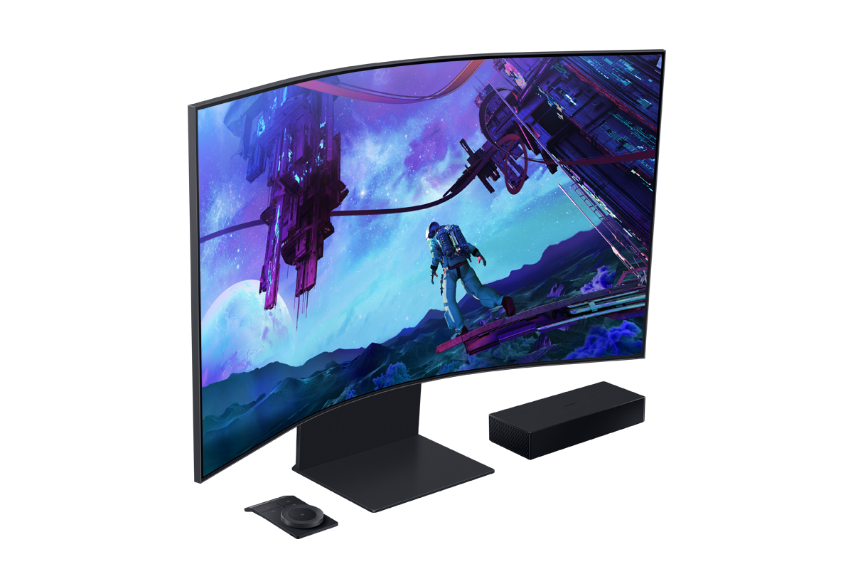 Samsung Odyssey Ark (第2代)，不同角度之產品外觀 (與 Ark Dail 無線旋鈕盤、集線器)