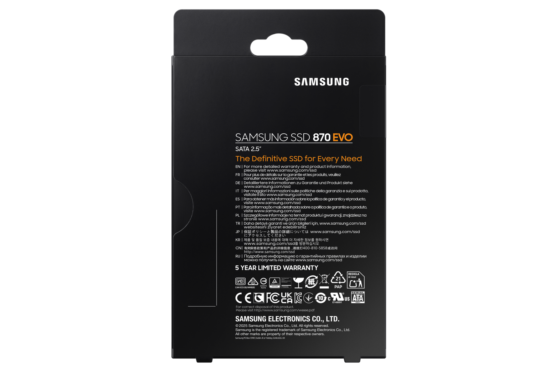 870 EVO SATA 2.5吋 固態硬碟 8TB，黑，產品包裝外觀背面
