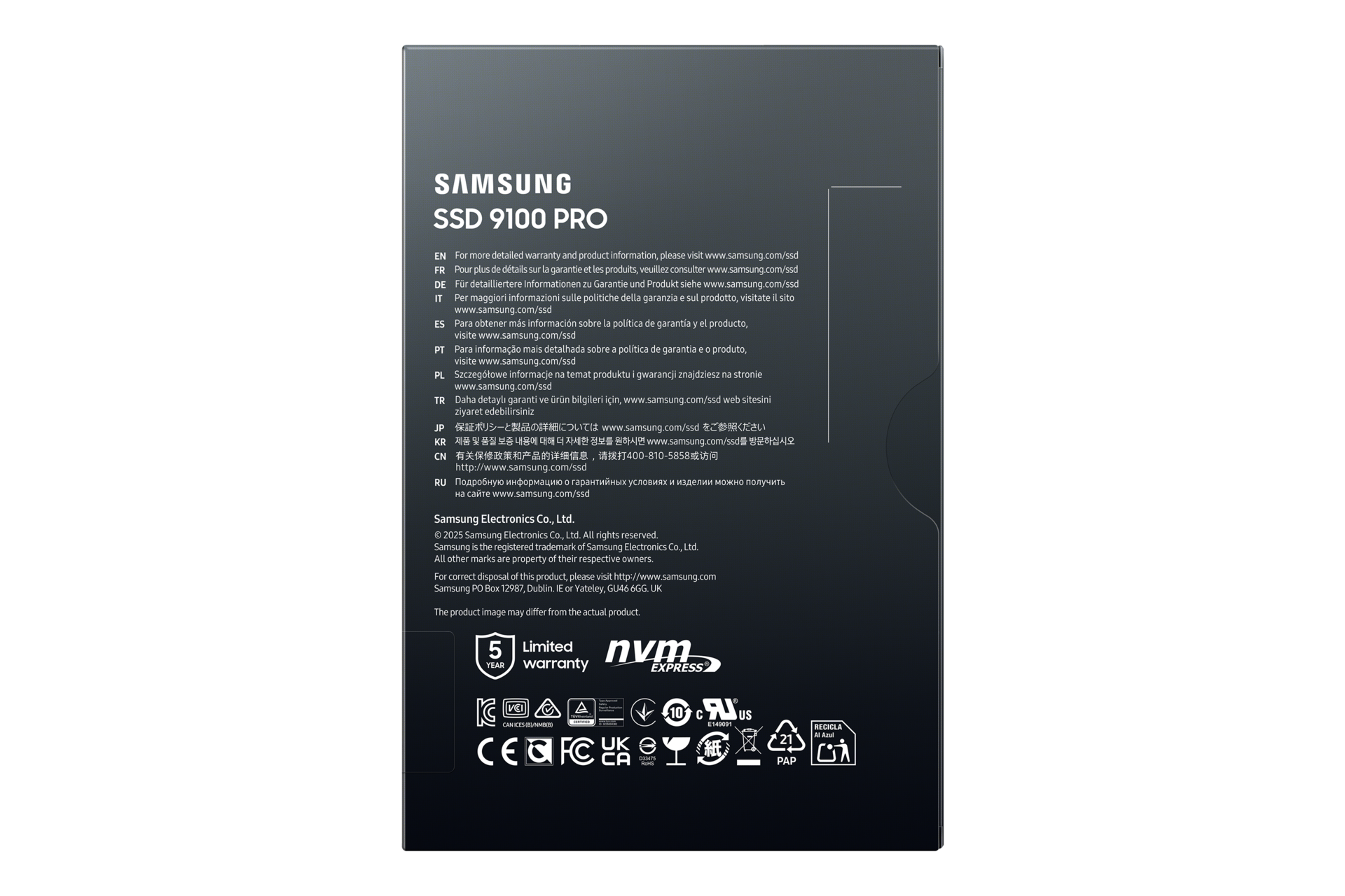 9100 PRO PCIe 5.0 NVMe M.2 SSD 包裝背面，黑