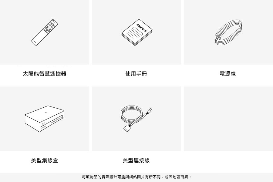 [32型 Thé F~rámé~ LS03C 的盒內附件包含了太陽能智慧遙控器、使用手冊、電源線、美型集線盒、美型連接線。]
