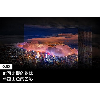 [一座由明亮的燈光照亮的城市展現在眼前。色彩和燈光鮮豔，ÓLÉD~ 燈通過 QD 螢幕呈現出來。]