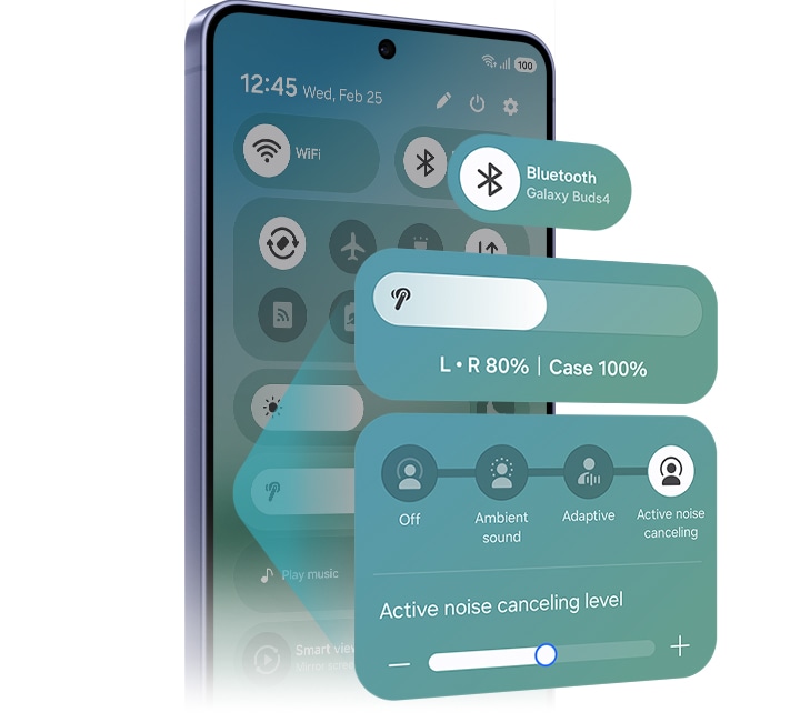 一部 Galaxy 智慧型手機開啟快速設定面板，畫面聚焦最新 One UI 8.5。突顯藍牙、音量和降噪功能。