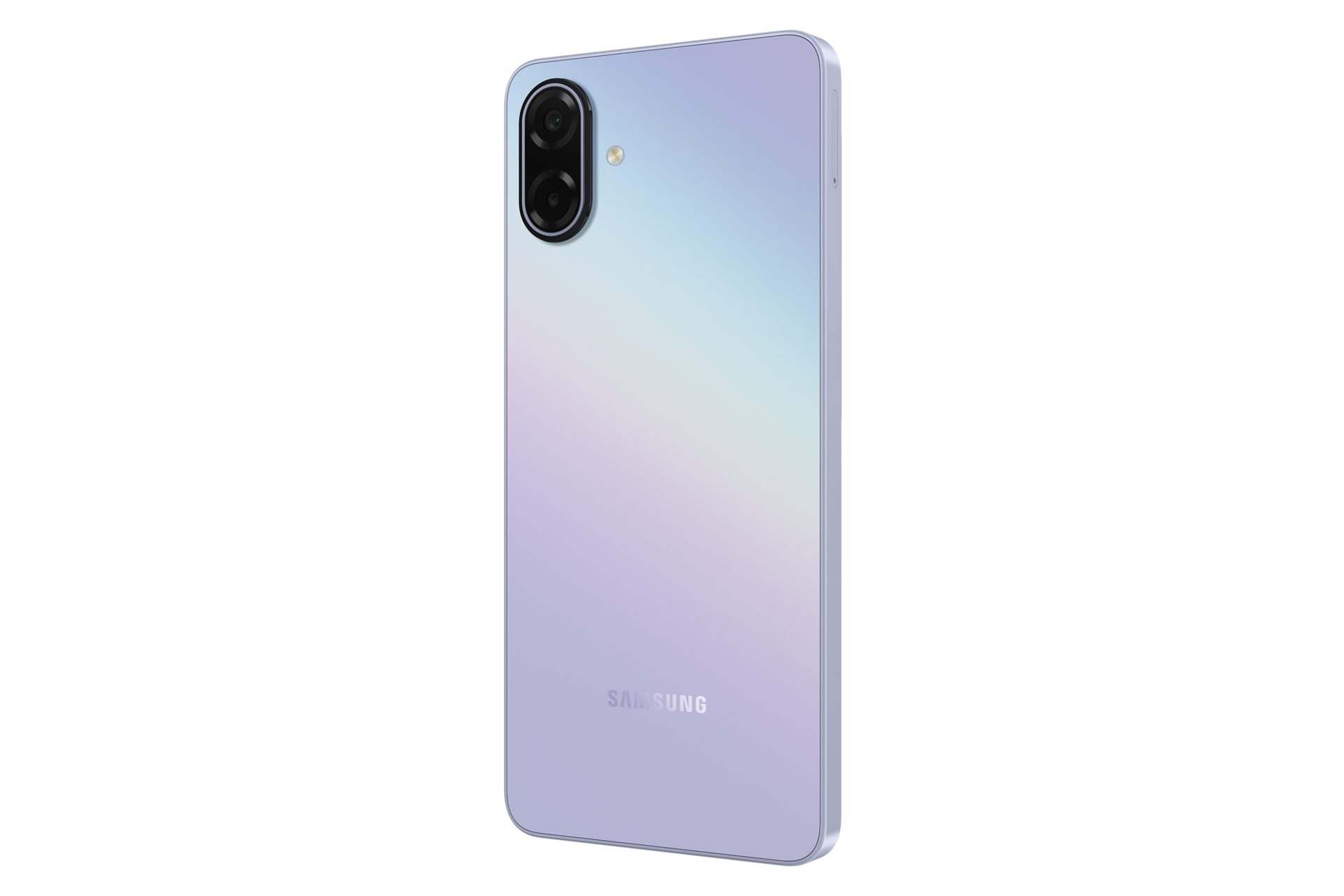 Galaxy A07 5G 背面 (右前30度)，裸光紫