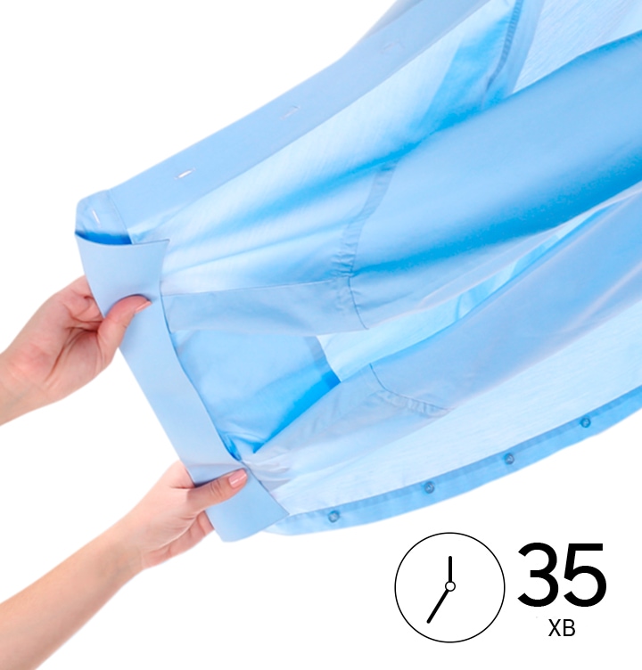 Underneath a dried-up light blue shirt, there is a clock icon with the word “35 minutes.”