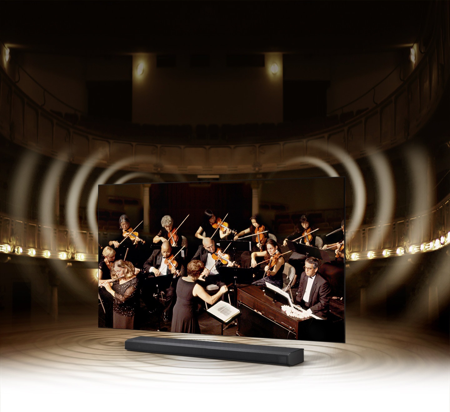 Simulated sound wave graphics from TV and soundbar demonstrate Q Symphony technology as they play sound together.