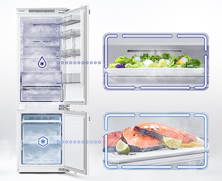 The BRB6000M's door opened. Cool air with moisture keeps the salad in the refrigerator compartment cool and moist. Cold air with moisture keeps salmon, lemons, and lime in the freezer fresh.