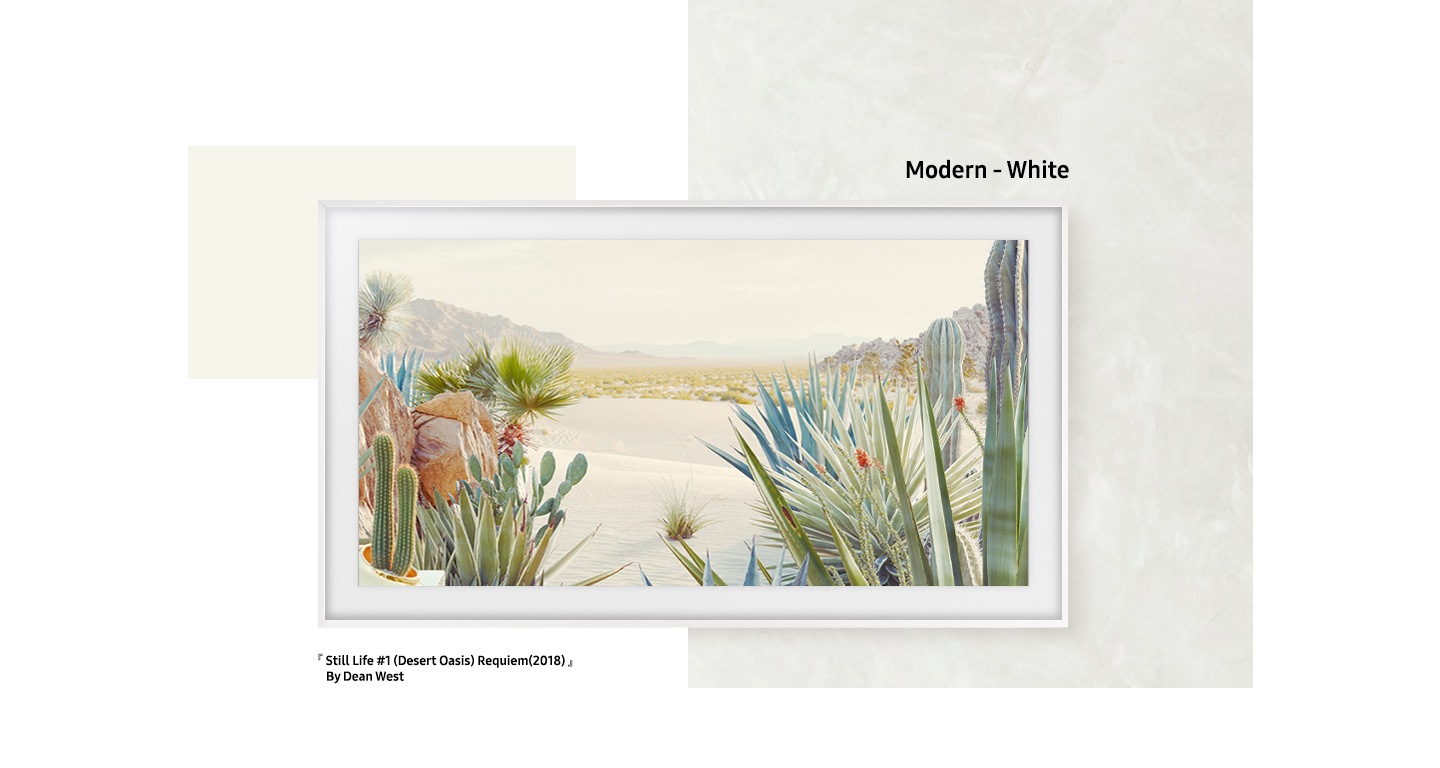 Modern White, Modern Teak, Modern Brown, Modern Beige, and Beveled Brick Red, Beveled White colors are each placed behind a TV to demonstrate how they complement the onscreen image.