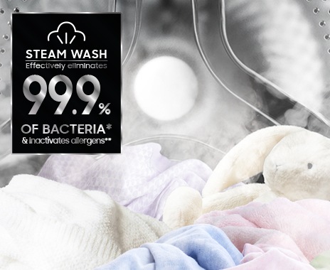 Steam je dispersed inside washing machine door remove allergens and bacteria up to 99.9%.