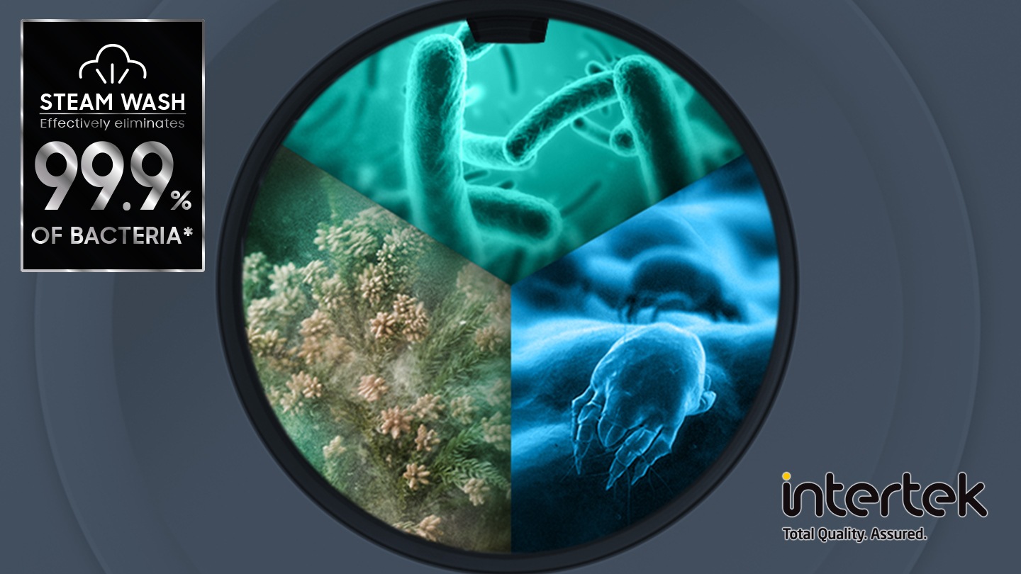 Steam wash certified by Intertek. Steam is dispersed inside the washing machine drum to remove allergens and bacteria up to 99.9%.