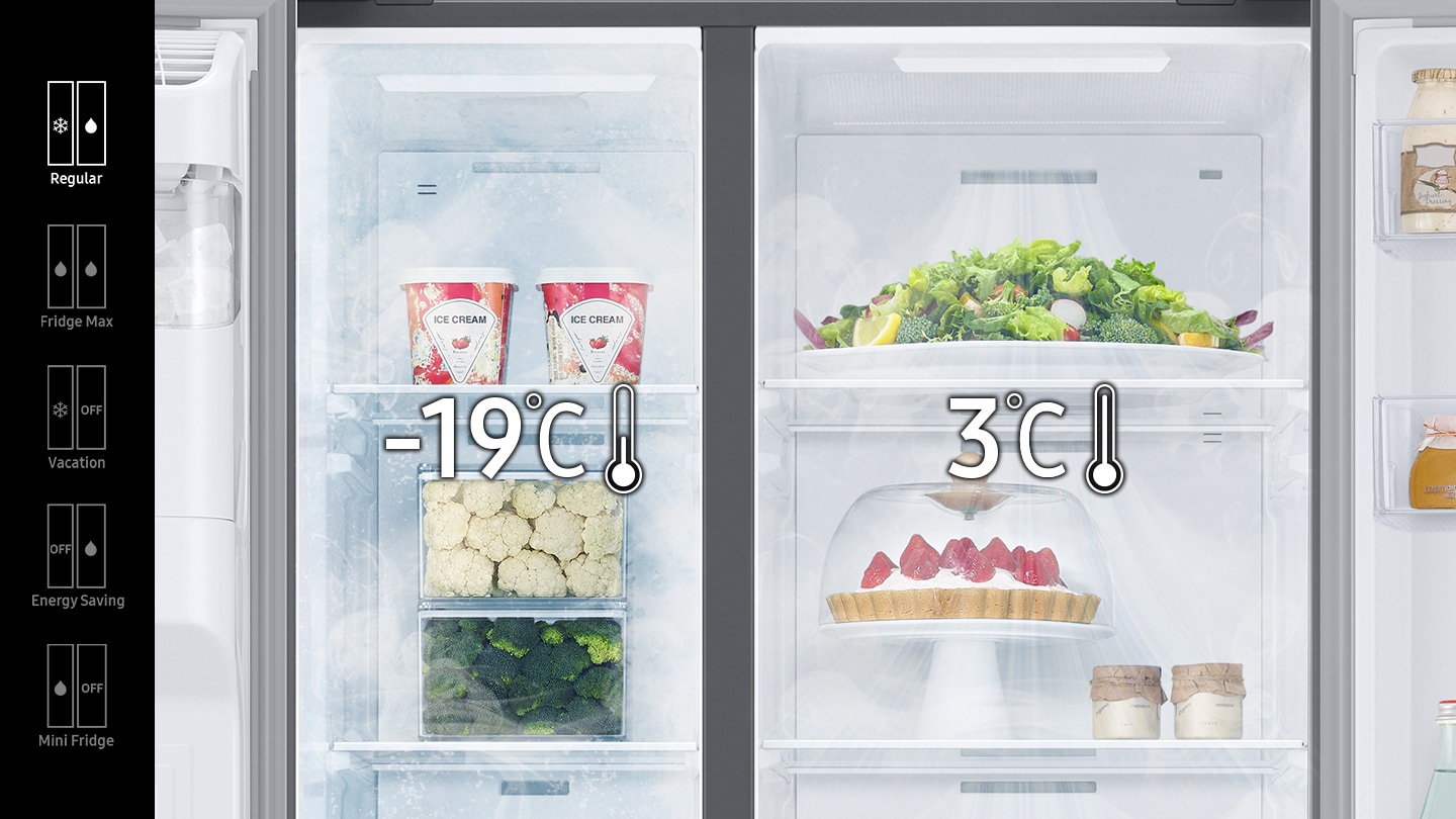 Regular(-19℃ in freezer, 3℃ in fridge), Fridge Max(both 3℃ in freezer and fridge), Vacation(-19℃ in freezer, fridge off), Energy Saving(freezer off, 3℃ in fridge), and Mini Fridge(3℃ in freezer, off fridge) режимы доступны с кнопками в пределах RS8000NC.