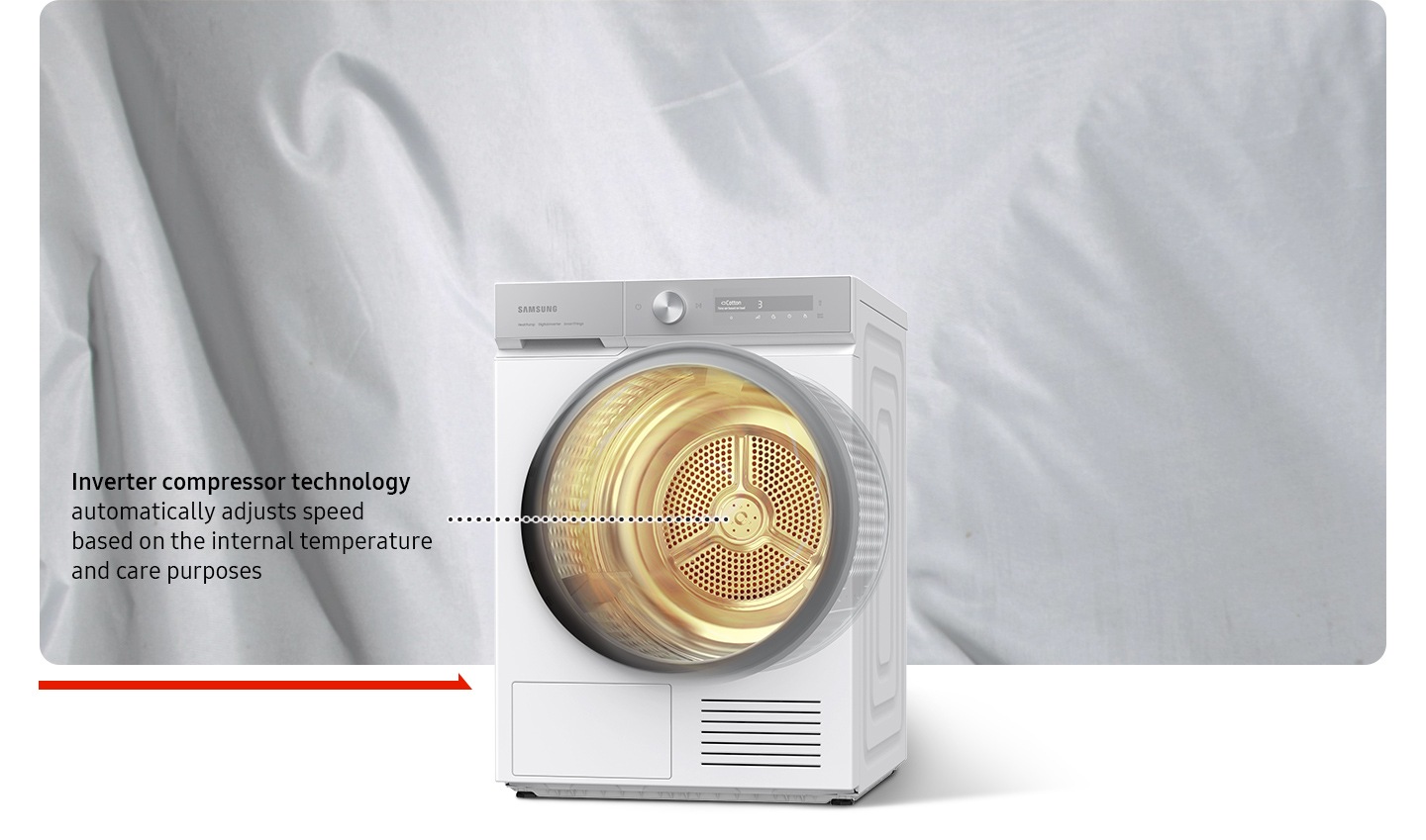 The inverter compressor technology automatically adjusts speed based on the internal temperature and care purposes. Cotton cycle with QuickDrive&trade; reduces the amount of moisture faster than without QuickDrive&trade;, saving 35%"* drying time.
